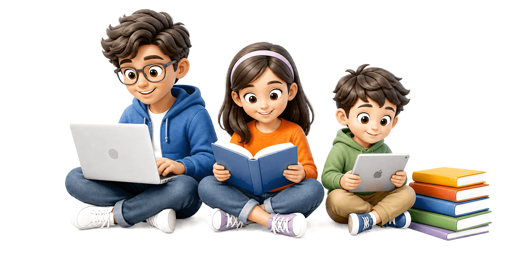 Students learning with a laptop, book, tablet, and stacked books